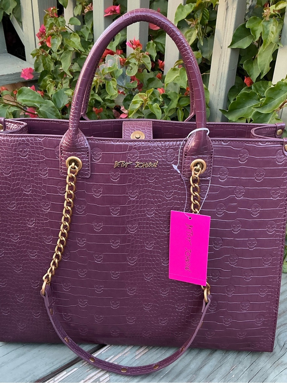 Betsey Johnson Xokiara Embossed Skull Print  Plum Croc-Embossed Large CheryTote